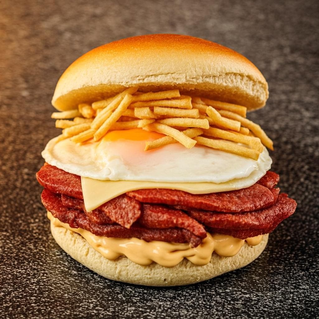 Foto do Simples — Pão, mortadela, queijo, salsicha, ovo e batata palha.
