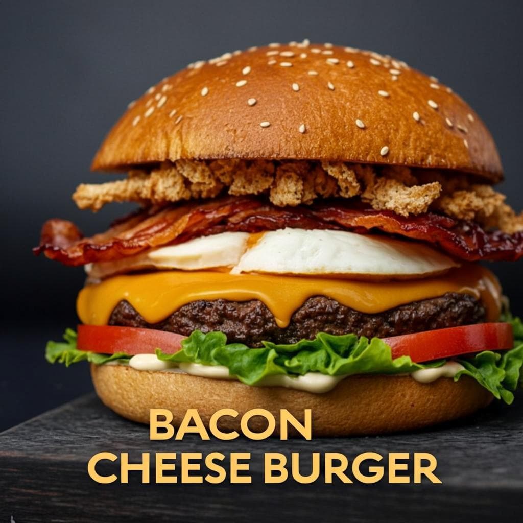 Foto do X-Bacon — Hambúrguer + bacon + queijo + ovo + alface e tomate.